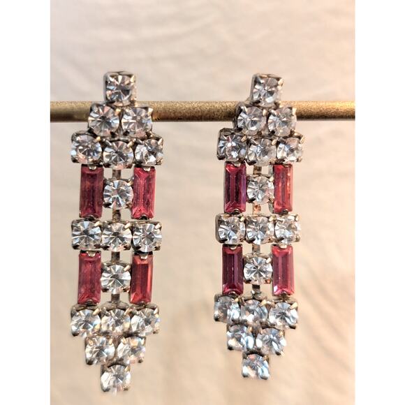 Vintage 1950s Art Deco Inspired Pink Baguette Drop Earrings - Picture 3 of 4